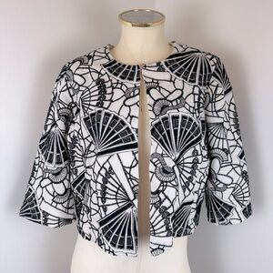 CHICOS BLACK LABEL Asian Fans Linen Cropped Blazer Jacket | Size 1 Chicos (M/8)